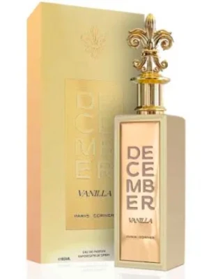 December Vanilla parfym Paris Corner - Lyxig parfymflaska i guld med elegant dekorativ kork och rektangulär form. Doften heter December Vanilla och kommer från Paris Corner. Flaskan har en exklusiv design med guldfärgade detaljer och tydlig text på framsidan.