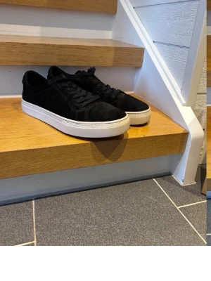 Svarta sneakers från Vagabond - Säljer ett par svarta sneakers från Vagabond med ovandel i mocka och klassisk vit platåsula. Skorna har låga skaft, svarta skosnören och en stilren design som passar till det mesta. Perfekta för dig som gillar enkel och clean stil. Jag fick dessa i julklapp så har ej använt dom helt nya !