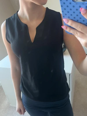 Svart ärmlös topp med v-ringning - Snygg svart ärmlös topp med v-ringad halsringning. Enkel och stilren design som passar perfekt till jeans eller kjol. Tillverkad i mjukt material för en bekväm känsla och har en normal passform.