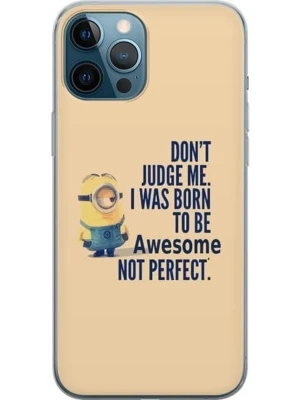 Beige mobilskal med Minion och citat - Snyggt beige mobilskal med en Minion-figur och texten 'Don't judge me. I was born to be awesome not perfect.' Skalet har en mjuk finish och passar perfekt för dig som gillar roliga och personliga accessoarer till mobilen.