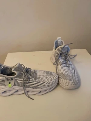  L.T Damp Shoes - Snygga vita sneakers från L.T Damp Shoes med grått mönster och coola detaljer. Skorna har en luftig mesh-ovandel, vita snören och en chunky sula med futuristisk design. Perfekta för dig som gillar streetstyle och vill sticka ut lite extra. Storlek 41 och är i nyskick.