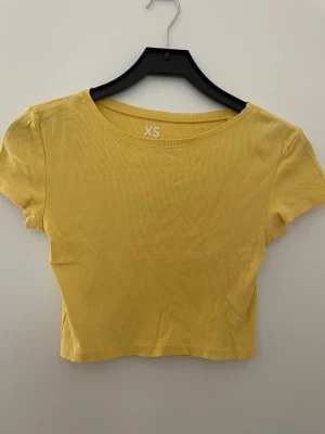 Gul croppad topp från FSBN Sister - Gul croppad topp från FSBN Sister i ribbad bomull. T-shirten har korta ärmar och rund halsringning, perfekt för en chill och trendig look. Enkel att matcha med jeans eller kjol för en avslappnad stil. Inga hål eller fläckar. 