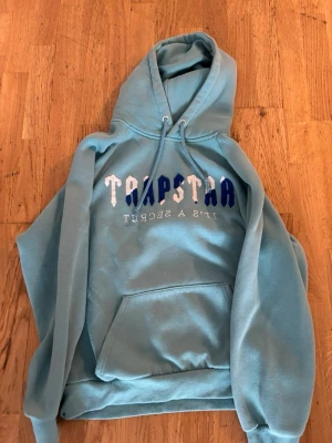 Ljusblå hoodie från Trapstar - Säljer en ljusblå hoodie från Trapstar med stor ficka framtill och justerbar huva. Trycket på bröstet är i vitt och blått med texten 'Trapstar It's a Secret'. Hoodien har en avslappnad passform och är gjord i mjukt material. Pris kan diskuteras vid snabb affär! Bli inte lurrade av storleken på bild den är M.