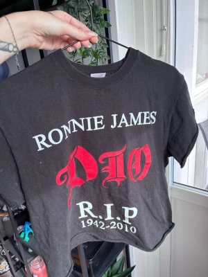 Dio Bandmerch Alternative Rock - Cool svart t-shirt med tryck av Ronnie James Dio och texten R.I.P 1942-2010. T-shirten är en Crop Top. Materialet är tung bomull och trycket är i vitt och rött.