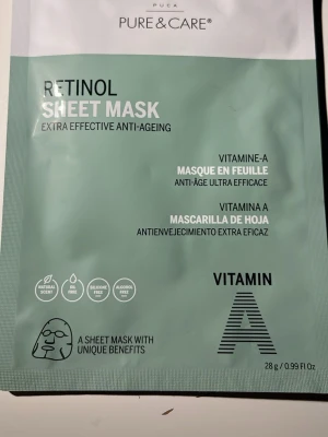 Retinol Sheet Mask Pure & Care - Retinol sheet mask från Pure & Care med vitamin A för extra effektiv anti-ageing. Masken är grönvit, oljefri, silikonfri och alkoholfri, och har naturlig doft. Perfekt för dig som vill boosta huden med retinol och fukt.