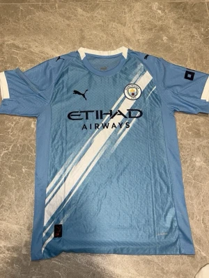 Manchester City matchtröja Puma - Snygg ljusblå Manchester City matchtröja från Puma med klubbmärke på bröstet och Etihad Airways som sponsor. Tröjan har vita och mörkblå detaljer samt diagonala ränder på framsidan. Tillverkad i lätt och ventilerande funktionsmaterial, perfekt för fotbollsträning.