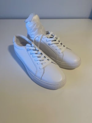 Klassiska vita låga sneakers - Stilrena vita sneakers med lågt skaft och vita snören. Skorna har en minimalistisk design och är tillverkade i slätt syntetläder med vit sula. Perfekta för dig som gillar en clean och enkel look till vardagsoutfiten. Storlek 47, ungefär 30 cm innersula. Helt nya.
