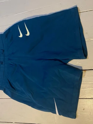 Blå Nike shorts med vita detaljer - Säljer ett par blå shorts från Nike med vita loggor och tryck. Shortsen har elastisk midja och är tillverkade i mjukt material, perfekta för träning eller chill. Klassisk loose fit och enkel design med diskreta detaljer.