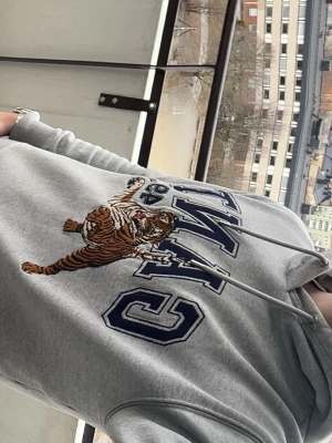 Grå hoodie med tiger från GANT - Snygg grå hoodie från GANT med stor broderad tiger och texten GANT 49 på bröstet. Hoodien har huva med dragsko och ribbade muddar vid ärmar och nederkant. Perfekt för en avslappnad och cool stil.