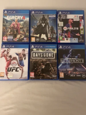 PS4 spelpaket med 6 populära titlar - Säljer ett paket med 6 PS4-spel: Far Cry 4, Destiny, FIFA 21, EA Sports UFC, Days Gone och Star Wars Battlefront II. Alla spel är i sina original blå plastfodral med färgglada omslag. Perfekt för dig som gillar action, sport och äventyr.