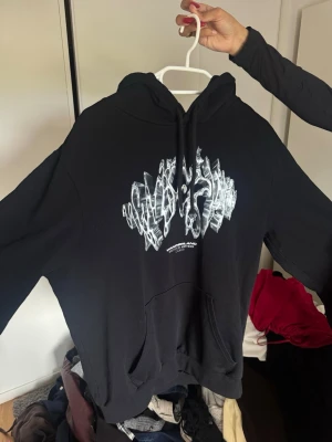 Svart hoodie Wanderland Antwan - Säljer en svart hoodie från antwan Wanderland med stor vit grafisk text och tryck både fram och bak. Hoodien har luva med dragsko och en klassisk magficka. Materialet ser ut att vara mjuk bomullsblandning, perfekt för en avslappnad streetwear-look.