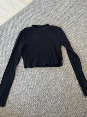 Svart croppad långärmad topp - En enkel och stilren svart croppad topp med lång ärm och hög hals. Perfekt för att matcha med jeans eller kjol. Materialet känns mjukt och stretchigt, vilket gör den bekväm att bära hela dagen.