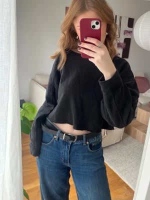 Svart långärmad sweatshirt - En svart sweatshirt med långa ärmar och rund hals. Enkel och stilren design som passar perfekt till jeans eller kjol. Materialet känns mjukt och bekvämt, och toppen har en loose passform som ger en avslappnad look.