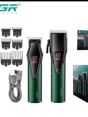 Grön hårtrimmer och skäggtrimmer VGR - Snyggt set med grön hårtrimmer och skäggtrimmer från VGR. Setet innehåller flera kammar i olika storlekar, digital display och USB-laddningskabel. Perfekt för styling av både hår och skägg. Modern design i metall och plast.