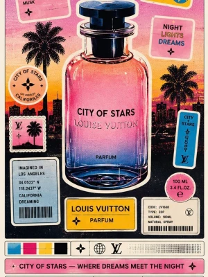 City of Stars parfym från Louis Vuitton - City of Stars från Louis Vuitton är en exklusiv parfym i en stilren glasflaska med gradient från rosa till lila och svart lock. Flaskan har en modern, rundad form och texten är tryckt i svart. Doften är inspirerad av Los Angeles och har en lyxig känsla.