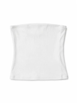 Vit ribbad bandeau tubtopp - Säljer en enkel och stilren vit bandeau tubtopp i ribbad bomull. Toppen är ärmlös och axelbandslös, perfekt för varma dagar eller som layering-piece. Sitter tight och har en mjuk stretchig känsla.
