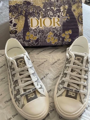 Dior Oblique låga sneakers - Snygga låga sneakers från Dior med klassiskt grått och vitt Oblique-mönster. Skorna har vita snören, gummisula och tydlig Christian Dior-logga både på plösen och sidan. Tillverkade i canvas med exklusiv känsla och trendig design.
