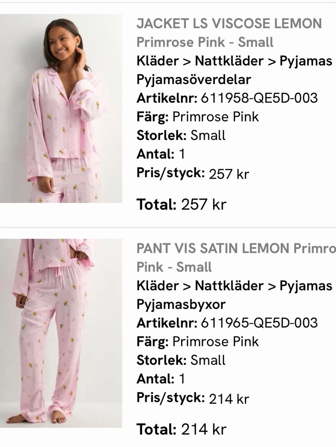 Rosa pyjamas med citronmönster från hunkenmöller