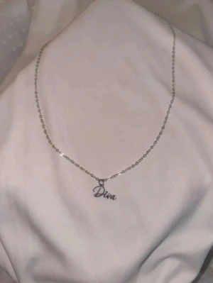 Silverfärgat halsband med Diva-hänge - Snyggt halsband i silverfärg med ett hänge där det står 'Diva' i skrivstil. Kedjan är tunn och elegant, perfekt för att ge din outfit lite extra attityd. Passar dig som vill sticka ut och visa din personlighet.