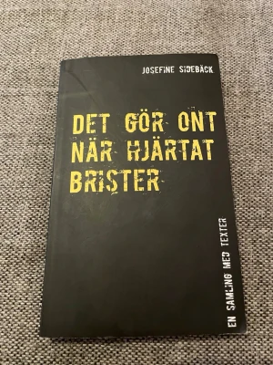 Det gör ont när hjärtat brister - En samling texter av Josefine Sidebäck om psykisk ohälsa, kärlek, livet och tystnad. Boken tar upp tabubelagda ämnen och känslor, och innehåller även texter om lycka och kärlek. Svart mjukpärm med gul text på framsidan.