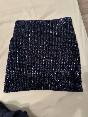 Mörkblå paljettkjol - Snygg mörkblå minikjol täckt med glittrande paljetter. Kjolen har en rak passform och dragkedja bak för enkel påklädning. Perfekt för dig som vill sticka ut med en glammig look. Materialet är täckt av paljetter som ger ett riktigt partyvibe.