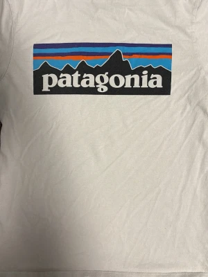 Vit Patagonia t-shirt med logga - Säljer en vit t-shirt från Patagonia med den klassiska färgglada loggan tryckt på bröstet. T-shirten har rund hals och korta ärmar. Tillverkad i mjuk bomull som känns skön mot huden. Perfekt för dig som gillar enkel och stilren streetwear.