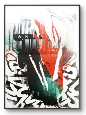 Abstrakt tavla 30x40 cm "Energy" - Säljer en modern abstrakt tavla med svart ram. Motivet har starka färger i rött, svart, vitt och grönt, med grafiska penseldrag och textfragment. Passar perfekt som unik dekoration i hemmet eller kontoret. (Ram ingår ej) Dukpannå. Konstnär:Malin Wiberg Näslund/Artbymawi 