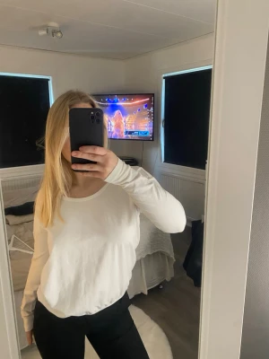 Vit långärmad topp med spetsdetalj - Säljer en vit långärmad topp med rund hals och snygga spetsdetaljer över axlar och övre rygg. Toppen har en avslappnad passform och är perfekt för dig som gillar en enkel men ändå söt stil.