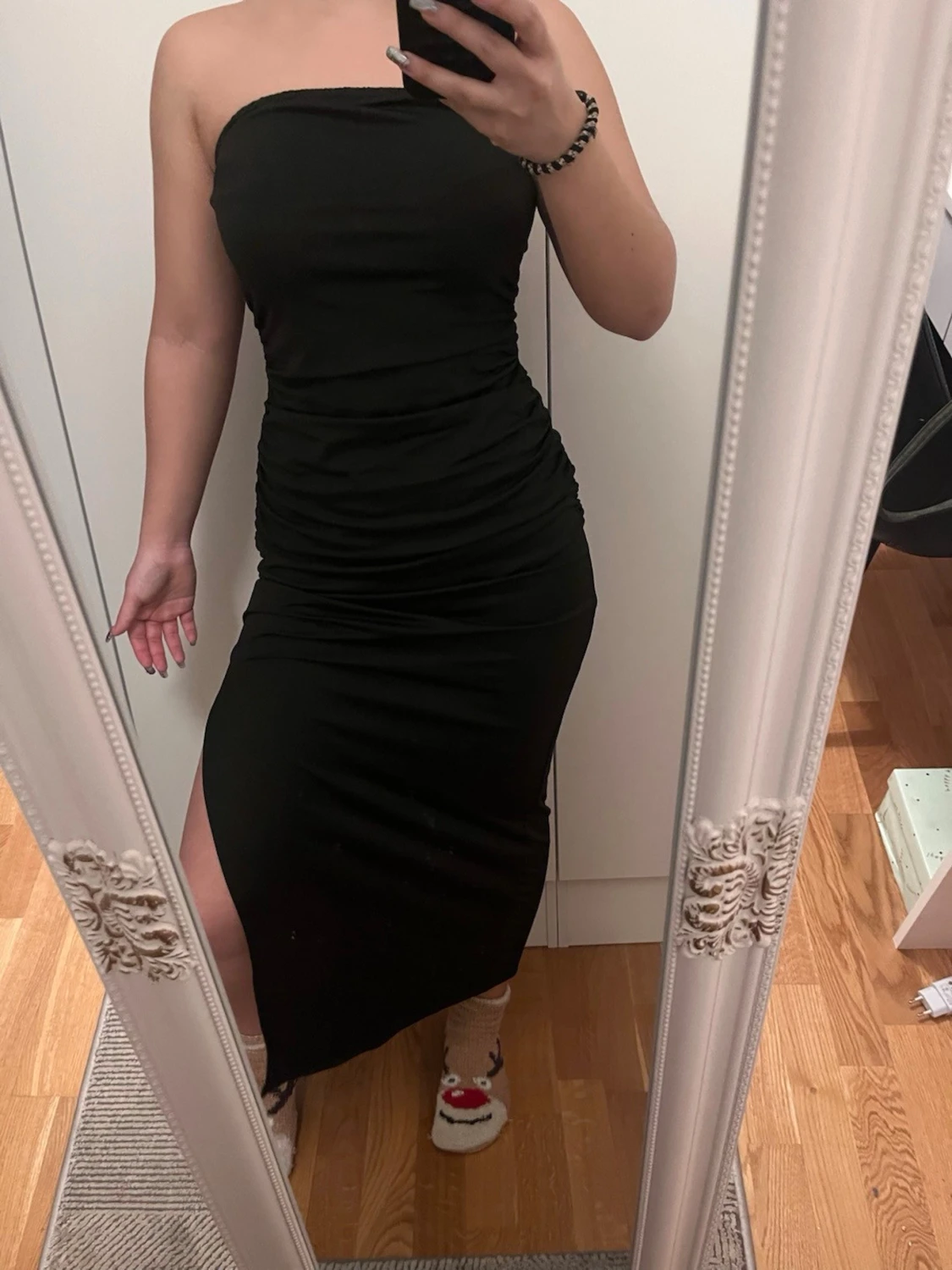 Grå+svart axelbandslös långklänning - 3