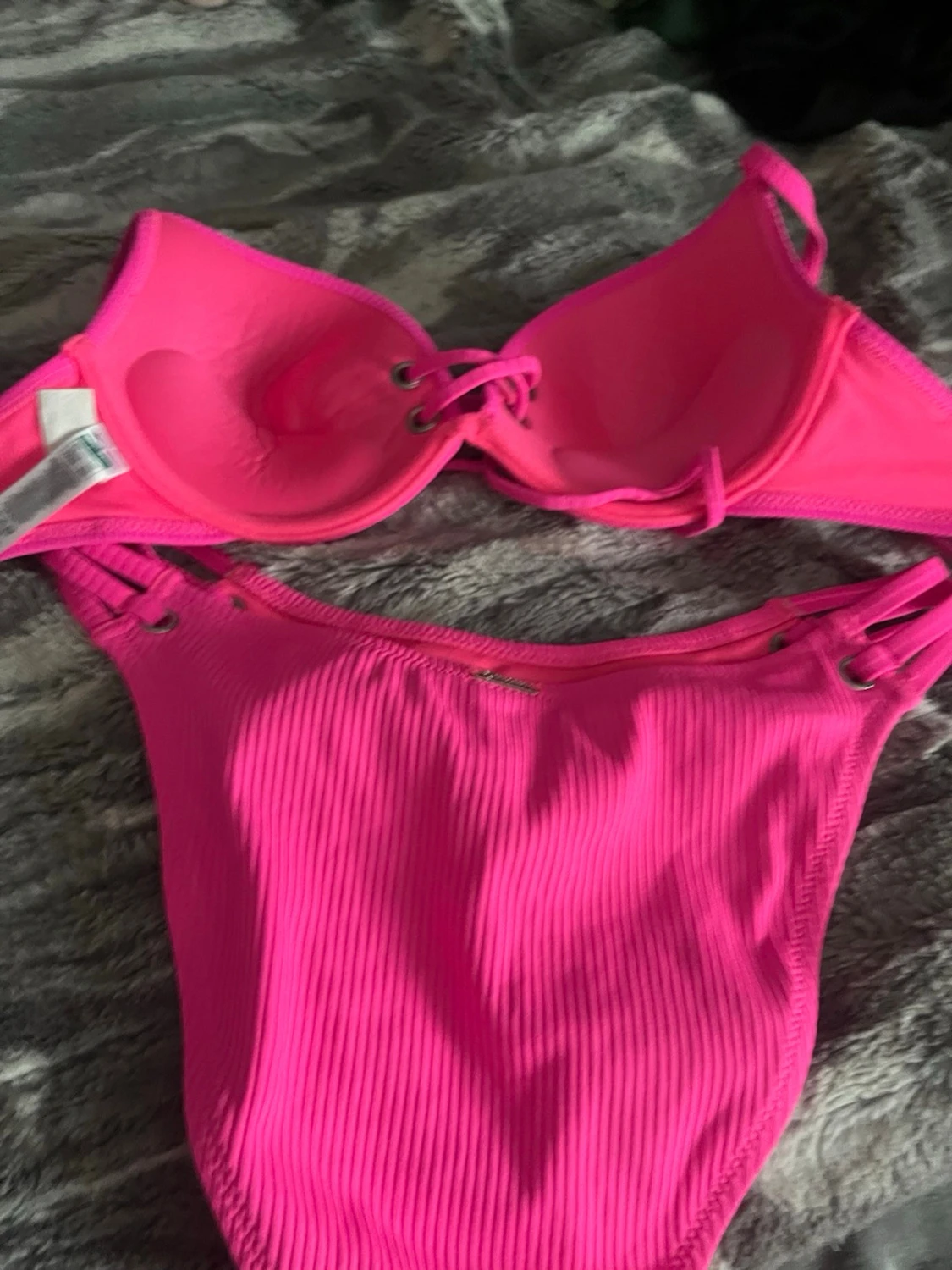 Rosa ribbad bikini med snörning - 2