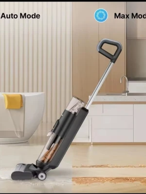 Svart golvtvätt och dammsugare vått och törr - Multifunktionell golvtvätt och dammsugare i svart och silver med ergonomiskt handtag. Klarar både våt och torr smuts på hårda golv som trä, marmor och kakel. Perfekt för kök och badrum, enkel att använda med olika rengöringslägen.