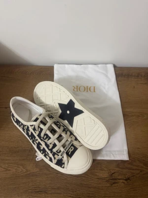 Dior Oblique låga sneakers - Snygga låga sneakers från Dior med klassiskt blått och vitt oblique-mönster. Skorna har vita snören, gummisula med stjärndetalj undertill och tydlig Christian Dior-logga på plösen. Tillverkade i canvas och gummi för en trendig och exklusiv look.