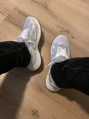 Dior B30 sneakers - Säljer ett par gråa och beiga Dior B30 sneakers med vita detaljer och meshpaneler. Skorna har chunky sula, vita skosnören och en modern, sportig design. Perfekta för dig som vill ha en lyxig och trendig look. Märket syns tydligt på plösen. Ingen BOX.
