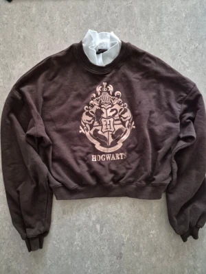 Tröja - Cool brun sweatshirt med Hogwarts-tryck framtill. Tröjan är croppad med ribbade muddar vid ärmslut och midja. Perfekt för dig som älskar Harry Potter och vill ha en avslappnad men snygg stil. Mjuk bomullskänsla och rund hals.