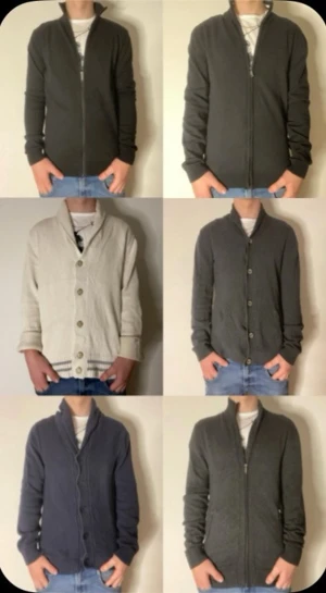 Mix av koftor och tröjor i neutrala färger 6 st - Säljer ett gäng olika tröjor och koftor i svart, grått, beige och mörkblått. Flera har dragkedja eller knappar framtill och vissa har hög krage. Perfekta för lager på lager och stilrena outfits. Passar dig som gillar klassiska och enkla plagg.