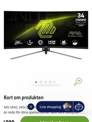 MSI MAG 34'' Curved Gaming Skärm - Säljer en 34 tum böjd gaming-skärm från MSI, modell MAG. Skärmen har UWQHD-upplösning (3440x1440), 180Hz uppdateringsfrekvens och 1ms responstid. Utrustad med HDR, RGB-belysning och stilren svart design med smal ram och stabilt stativ. Finns i Dalarna kontakta för exakt plats