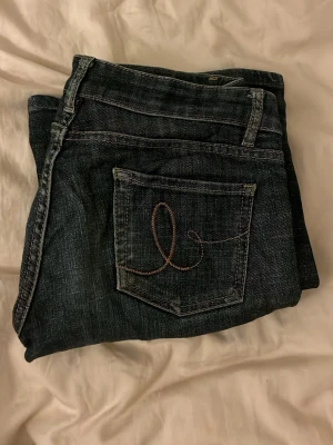 Mörkblå bootcut jeans med broderad ficka - Mörkblå bootcut jeans med snygg broderad detalj på bakfickan. Knappt använda för att de var för små för mig. Köpta på vinted. Storlek 38 men de är små i storleken så skulle säga att de passar som storlek 36 också. 