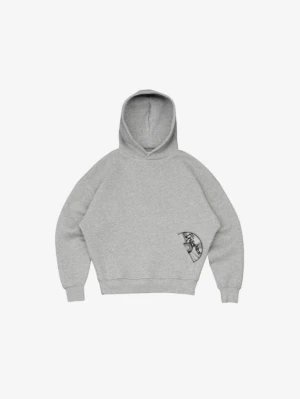 Grå hoodie med tryck - Snygg grå hoodie  med en klassisk huva och en unik svartvit grafisk detalj på fickan. Hoodien har avslappnad passform, ribbade muddar och är tillverkad i mjukt bomullsmaterial. Perfekt för en chill och trendig look. Har ett par mjukisar