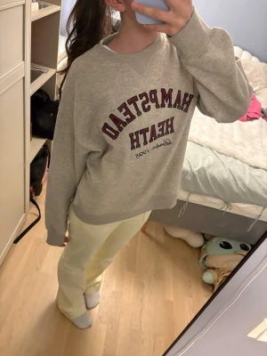 Grå sweatshirt med tryck - Säljer en oversized grå sweatshirt med mörkrött och svart tryck på bröstet där det står 'Hampstead Heath'. Tröjan har rund halsringning och ribbade muddar vid ärmslut och nederkant. Perfekt för en avslappnad och trendig look.