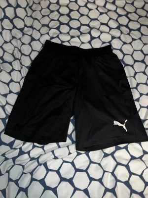 Svarta träningsshorts från Puma - Säljer ett par svarta träningsshorts från Puma med klassisk logga på vänster ben. Shortsen har elastisk midja och är tillverkade i ett lätt och svalt material som passar perfekt för sport och aktivitet.