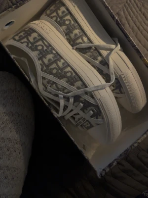Dior Oblique låga sneakers - Säljer ett par snygga Dior Oblique sneakers i vitt och grått med det klassiska Dior-mönstret. Skorna har vita snören, gummisula och tydlig logga på tungan och sidan. Perfekta för dig som vill ha en exklusiv och trendig look.