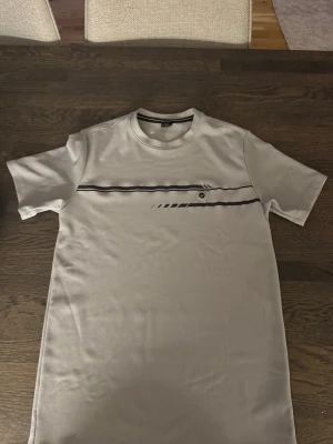 Armani T-shirt - Säljer en ljusgrå Armani t-shirt med svarta linjer och grafisk detalj över bröstet. T-shirten har rund hals och korta ärmar. Perfekt för dig som gillar enkel men snygg design.