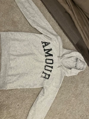 Ljusgrå hoodie med tryck från Gina Tricot - Snygg ljusgrå hoodie från Gina Tricot med svart texten 'AMOUR' framtill. Hoodien har huva med dragsko och är tillverkad i mjukt sweatshirtmaterial. Perfekt för en avslappnad och trendig look.