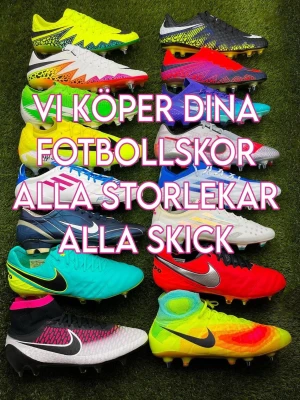 Fotbollsskor  - Vi köper dina elite fotbollsskor  alla modeller, storlekar och skick.  • Nike, Adidas, Puma m.m • Nya eller använda • Snabb affär och smidig kontakt  Skicka bilder + info så kommer vi överens om ett pris om vi är intresserade!