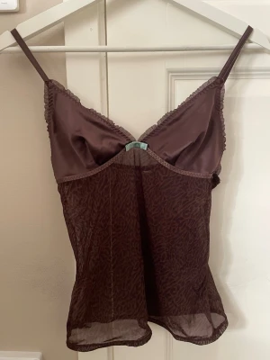 Brunt nattlinne med spets och mesh - Snyggt brunt nattlinne med tunna axelband och spetskant vid bysten. Materialet är genomskinligt mesh med diskret mönster och en liten rosett framtill. Perfekt för en avslappnad kväll hemma. Märke och storlek saknas. Jag köpte från Sellpy 