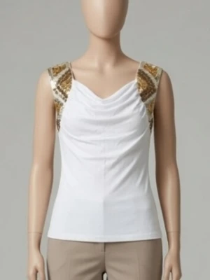 Vit ärmlös topp / linne med snygga glittriga detaljer / paljetter. Strlk: XS-S. Viskos. Gina Tricot. - Vit ärmlös topp / linne med snygga glittriga detaljer / paljetter i guld och silver. Strlk: XS-S. Viskos. Gina Tricot. Felfri. Skyltdockan visar liknande modell och passform.