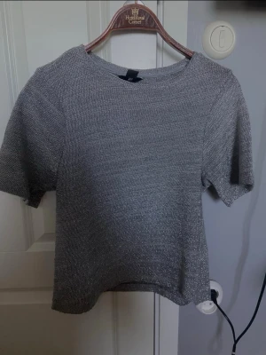 Glittrig silver topp från H&M - Snygg glittrig silver topp från H&M med korta ärmar och rund halsringning. Perfekt för dig som vill sticka ut lite extra. Materialet är mjukt och har en lätt skimrande effekt som fångar ljuset. Enkel och stilren passform.