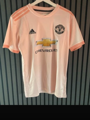 Manchester United rosa matchtröja - Säljer en ljusrosa Manchester United matchtröja från Adidas med korta ärmar. Tröjan har klubbmärke och Adidas-logga på bröstet samt Chevrolet-tryck på magen. Klassiska Adidas-ränder på axlarna. Perfekt för fotbollsträning eller support.