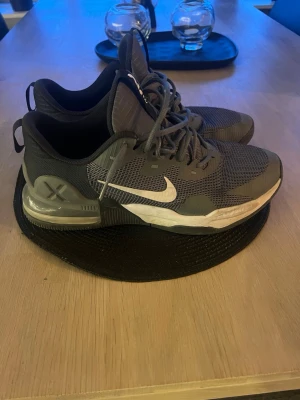 Nike grå sneakers med vit sula - Snygga grå sneakers från Nike med vit sula och tydlig logga på sidan. Skorna har mesh-ovandel för bra andningsförmåga och synlig dämpning i hälen. Perfekta för dig som gillar sportig stil och vill ha bekväma skor till vardagen. Passar perfekt för basketspelare men även för gym och löpning.
