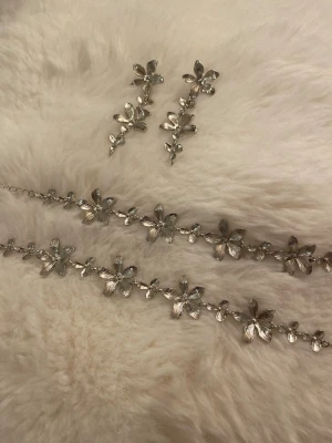 Silvrigt blomhalsband med matchande örhängen - Säljer ett silvrigt halsband med detaljerade blommor i metall och matchande örhängen. Halsbandet har en kedja med flera blommor i rad, och örhängena har samma blommotiv. Perfekt för dig som gillar blommiga accessoarer och vill sticka ut lite extra.